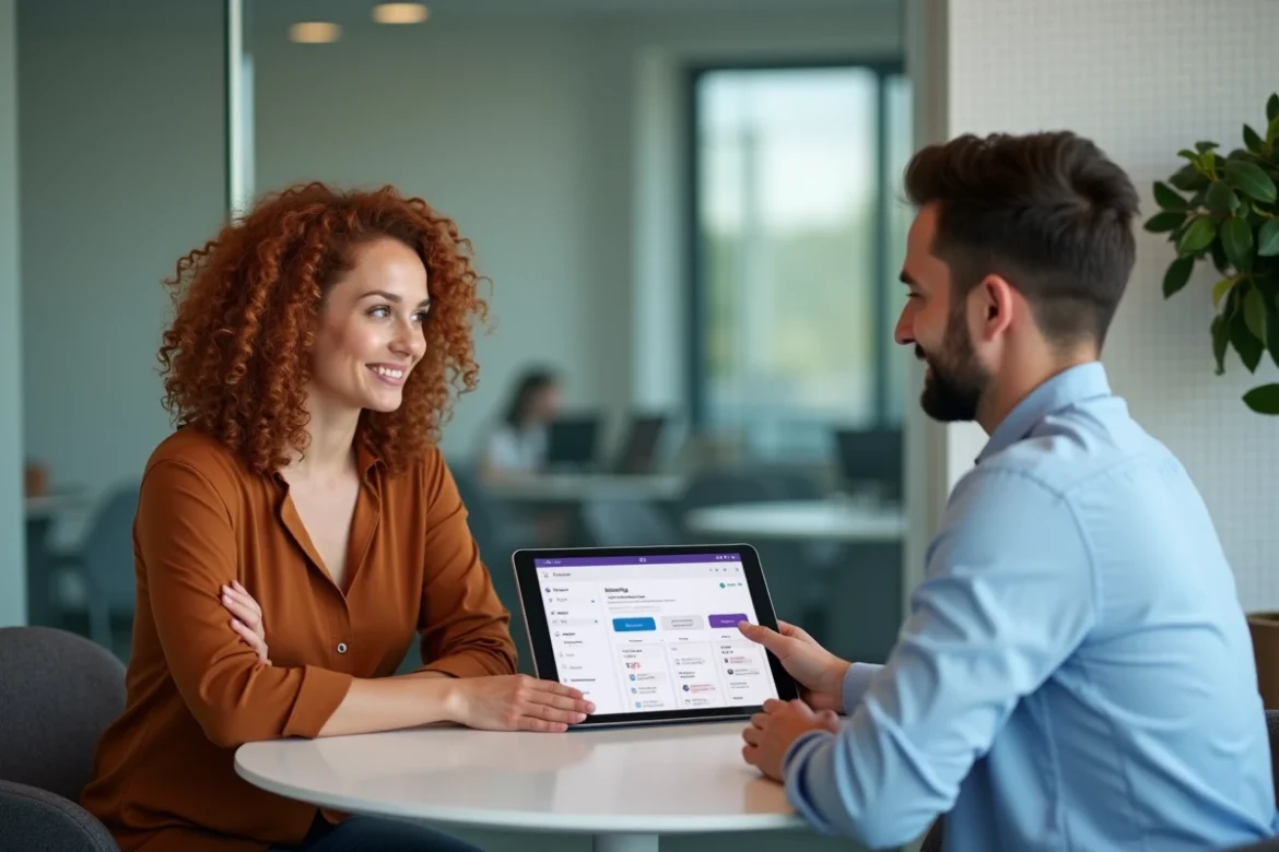 Deux professionnels du marketing discutant des avis utilisateurs sur les outils IA dans un espace de coworking
