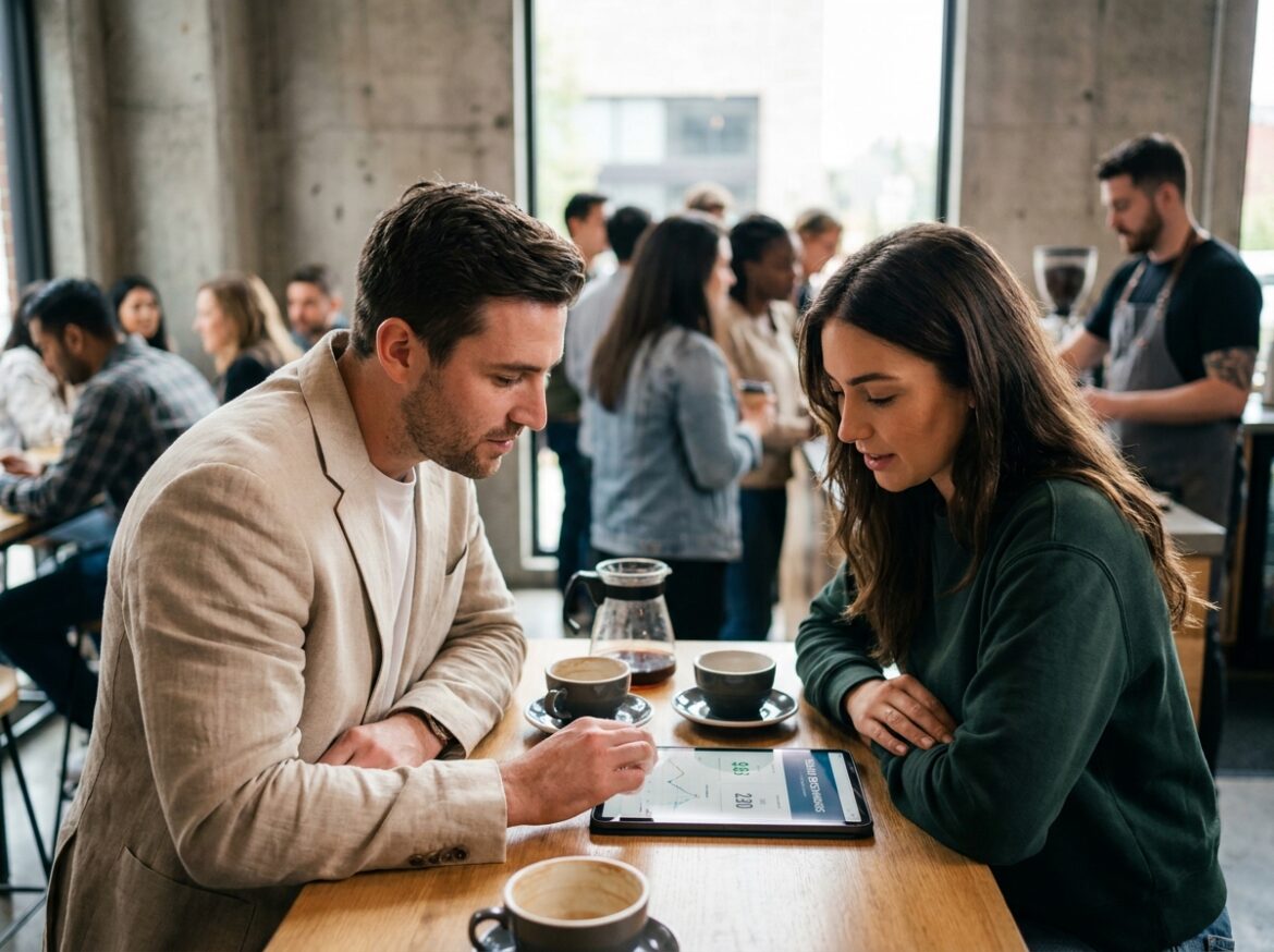 Deux jeunes professionnels discutant de données salariales par métier sur une tablette dans un café urbain