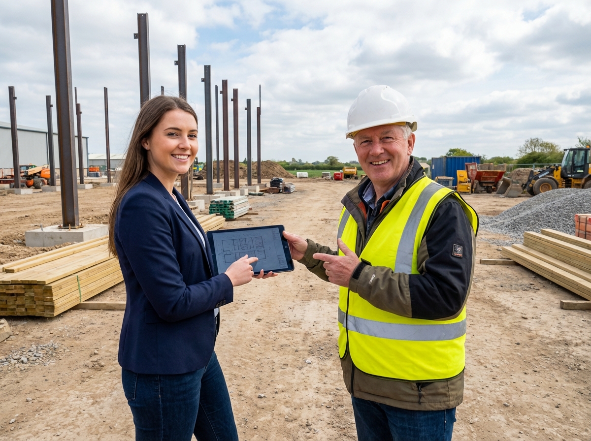 Jeune femme et homme en tenue de chantier discutant sur un site
