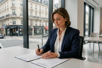 Femme d'affaires signant des documents de domiciliation d'entreprise dans un bureau moderne à Paris avec vue sur immeuble haussmannien