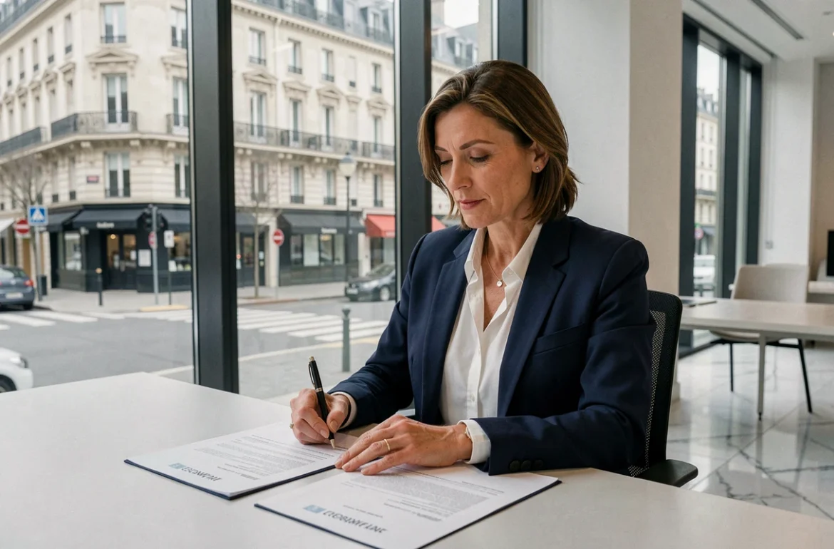Femme d'affaires signant des documents de domiciliation d'entreprise dans un bureau moderne à Paris avec vue sur immeuble haussmannien