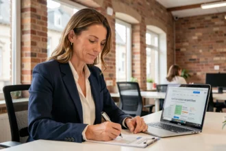 Femme d'affaires signant des documents de domiciliation d'entreprise dans un espace de coworking à Rouen
