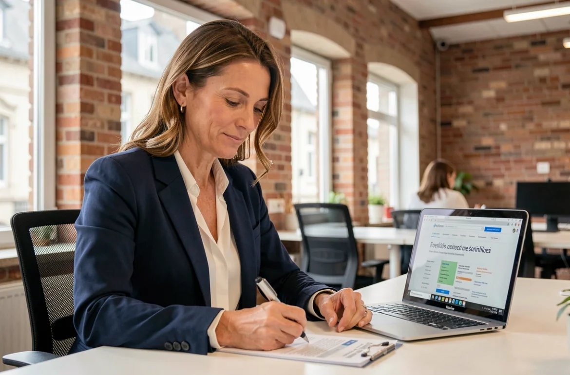 Femme d'affaires signant des documents de domiciliation d'entreprise dans un espace de coworking à Rouen