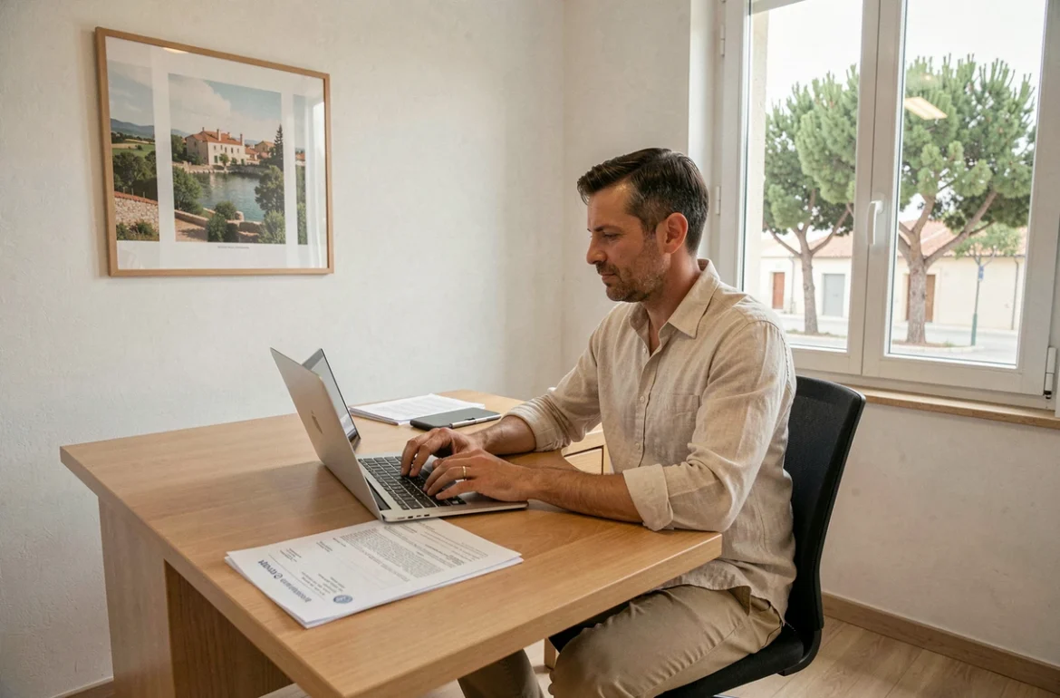 Entrepreneur travaillant sur la domiciliation de son entreprise dans un bureau du Var