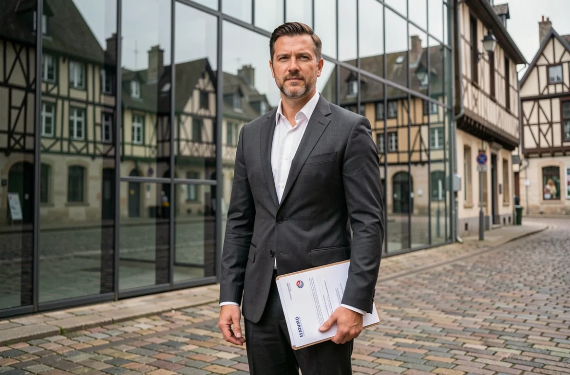 Entrepreneur devant un immeuble de bureaux au centre-ville de Rouen pour la domiciliation de son entreprise