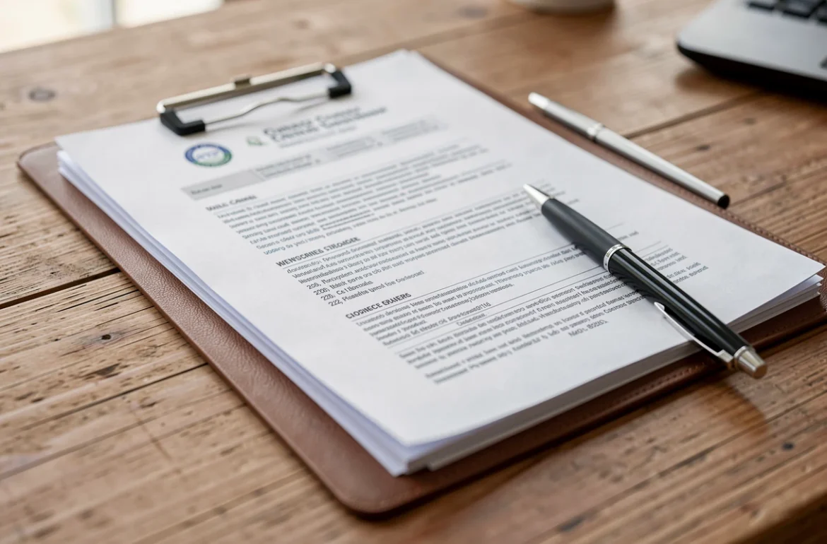 Dossier de documents d'entreprise posé sur un bureau en bois