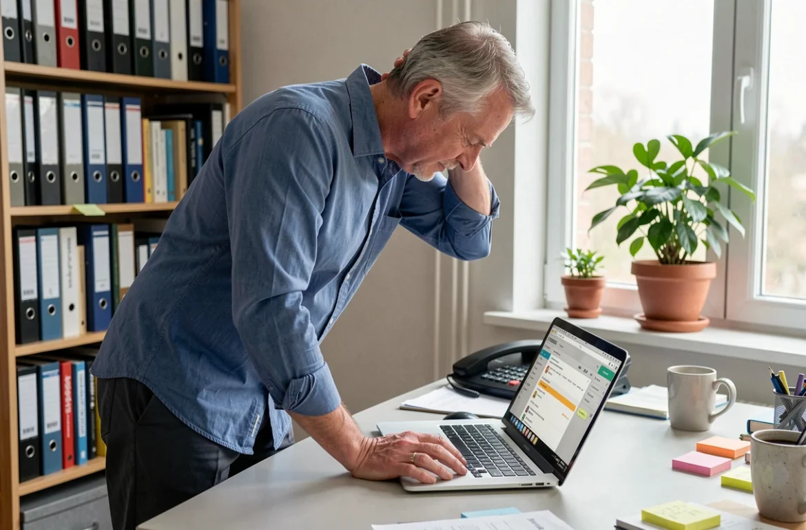 Homme consultant sa boîte mail sans réponse du service après-vente Darty depuis son bureau à domicile