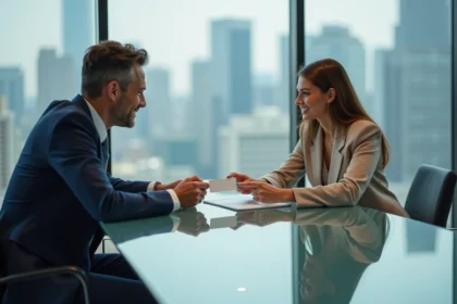 Deux professionnels échangent des cartes dans un bureau moderne