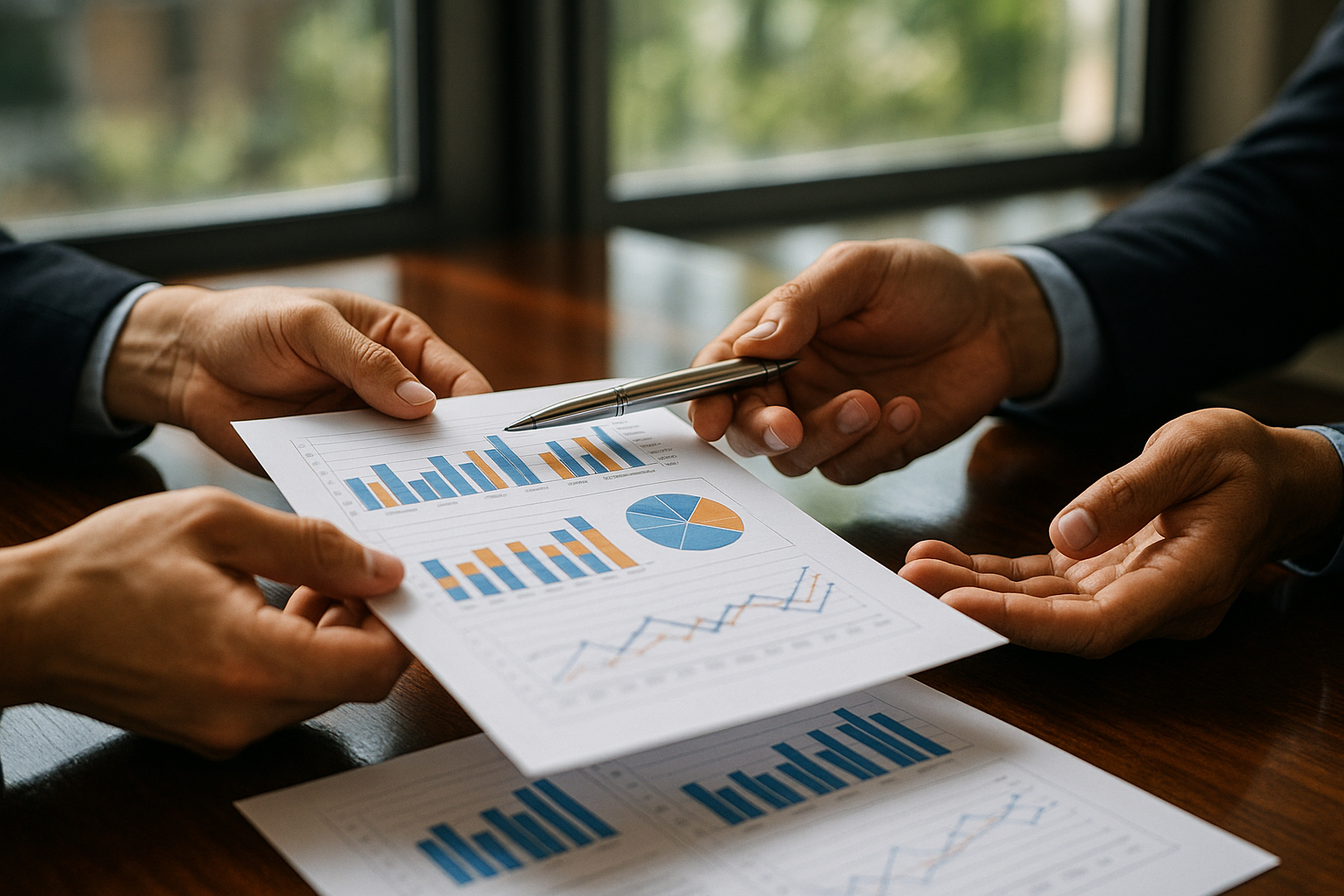 Mains échangeant des documents financiers sur une table