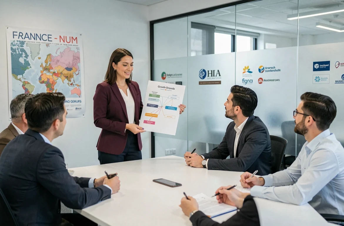 Conseillère digitale d'Elevateco, activateur France Num, animant un atelier de transformation numérique avec des entrepreneurs dans une salle de réunion moderne