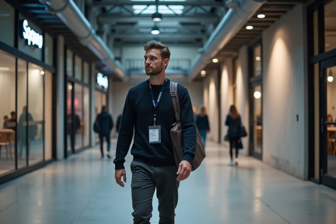 Entrepreneur se déplaçant dans les couloirs du campus Station F à Paris avec badge d'accès