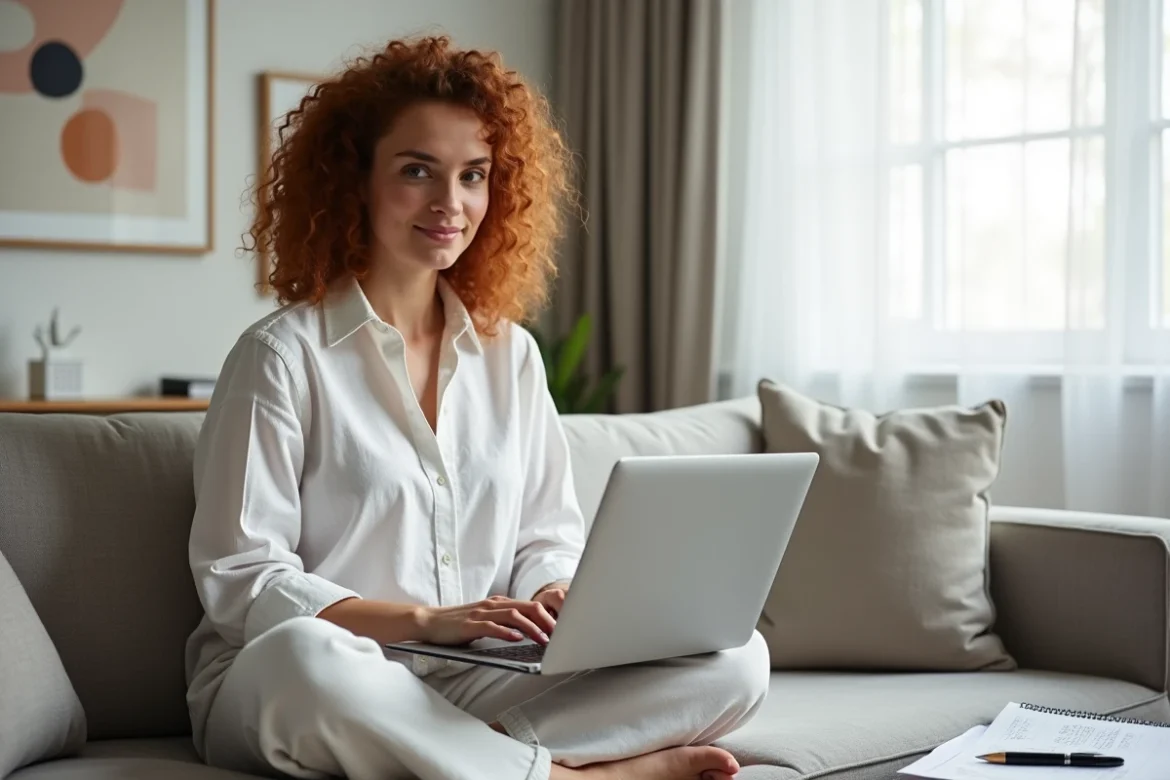 Jeune femme entrepreneur comparant un logiciel de facturation en ligne et Excel sur son ordinateur portable dans un salon contemporain