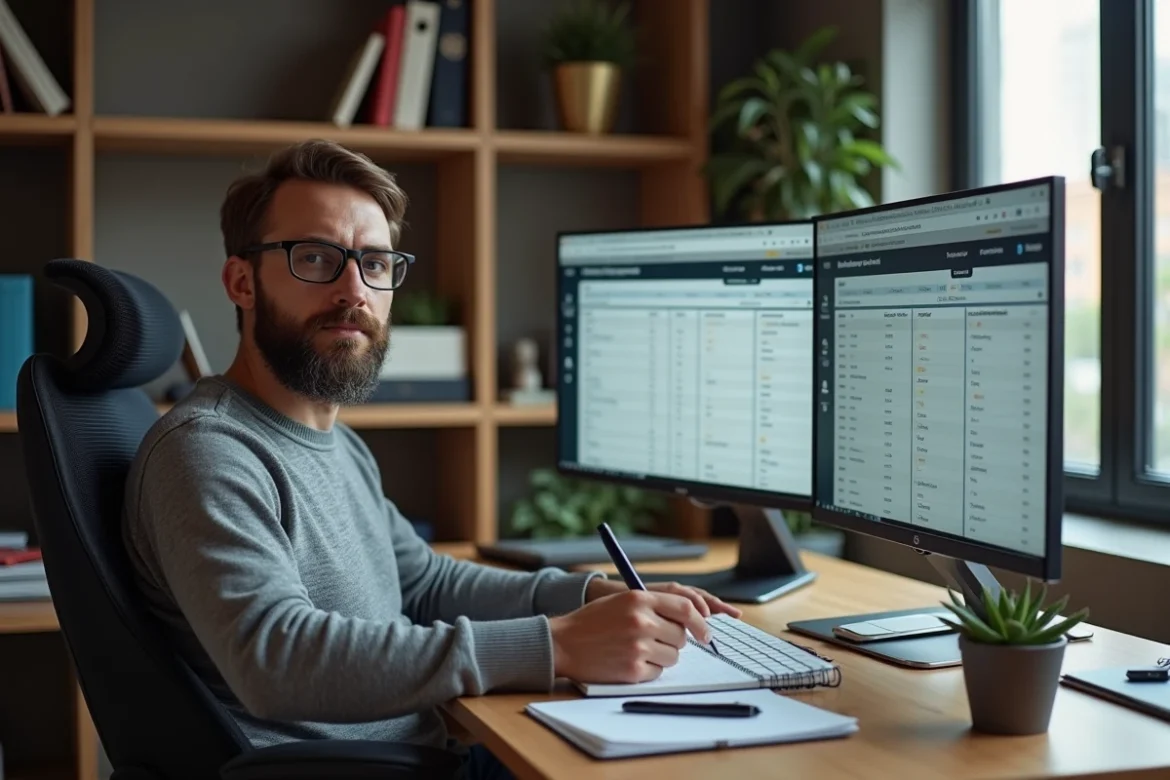 Entrepreneur comparant les tarifs et avis d'outils IA marketing sur deux écrans dans un bureau à domicile