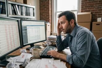 Chef d'entreprise stressé face à une comptabilité désorganisée avec des factures en retard et des tableurs financiers sur son bureau