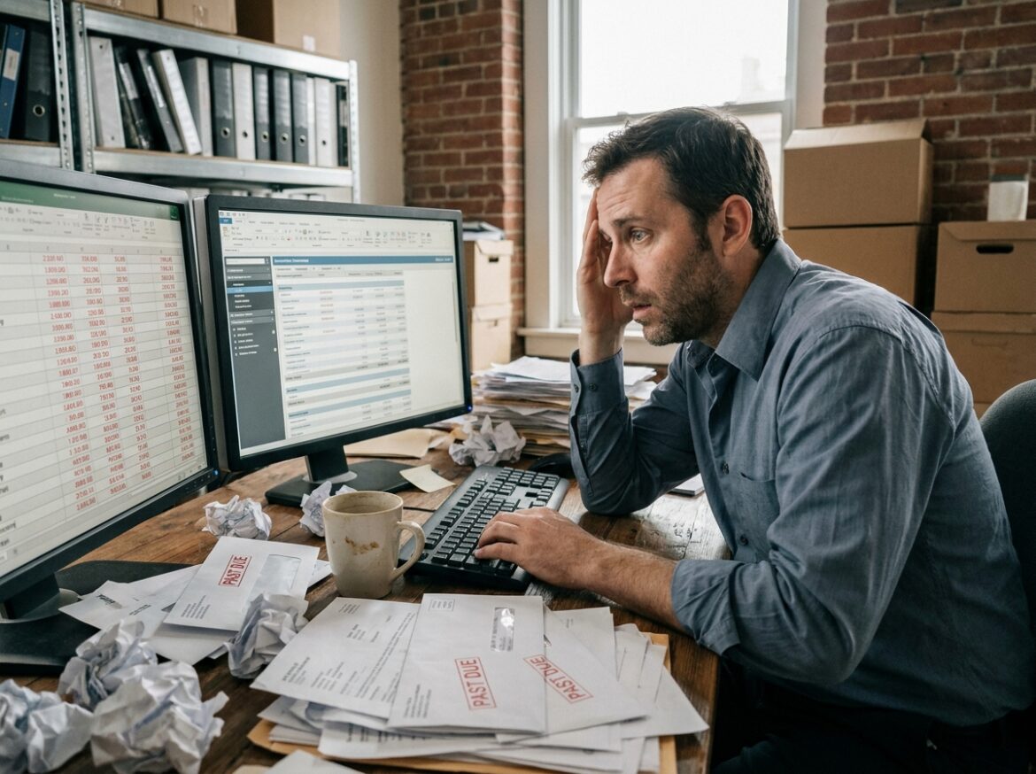Chef d'entreprise stressé face à une comptabilité désorganisée avec des factures en retard et des tableurs financiers sur son bureau