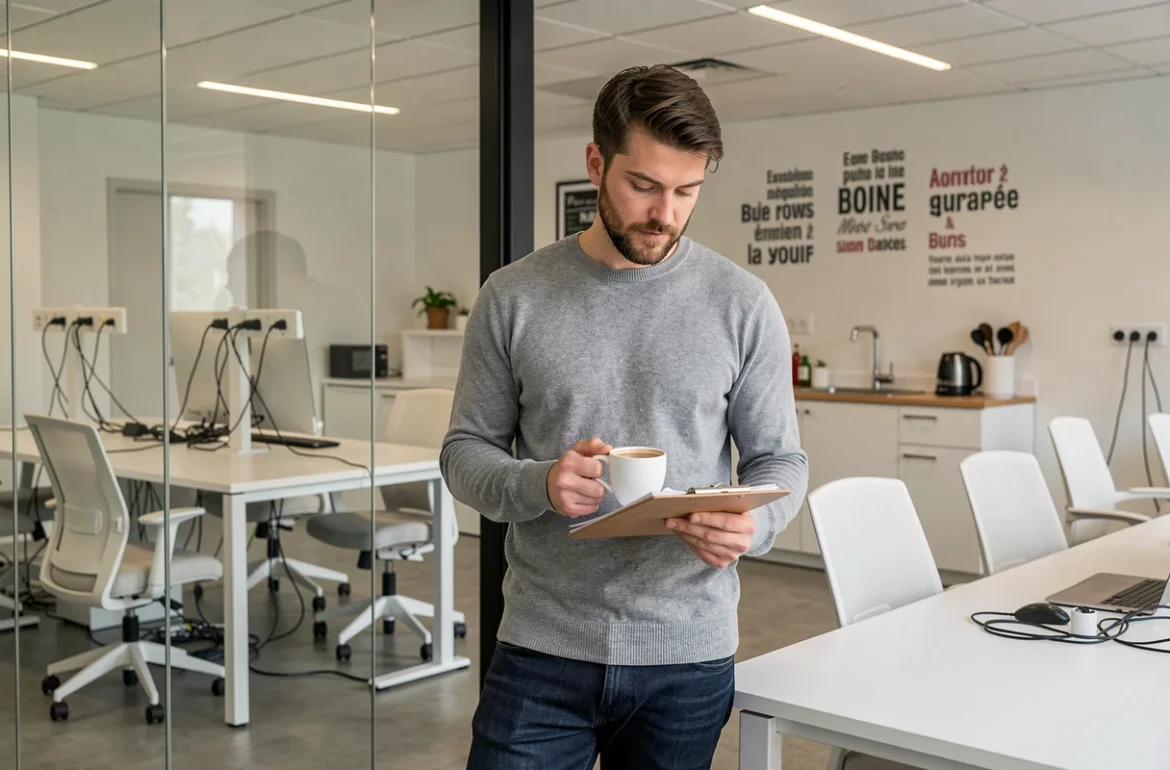 Entrepreneur masculin consultant ses notes dans un espace de coworking à Orvault