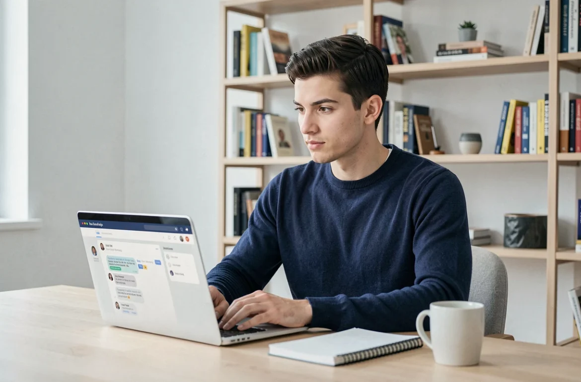 Jeune entrepreneur intégrant un widget de chat en direct sur son site depuis un bureau à domicile minimaliste