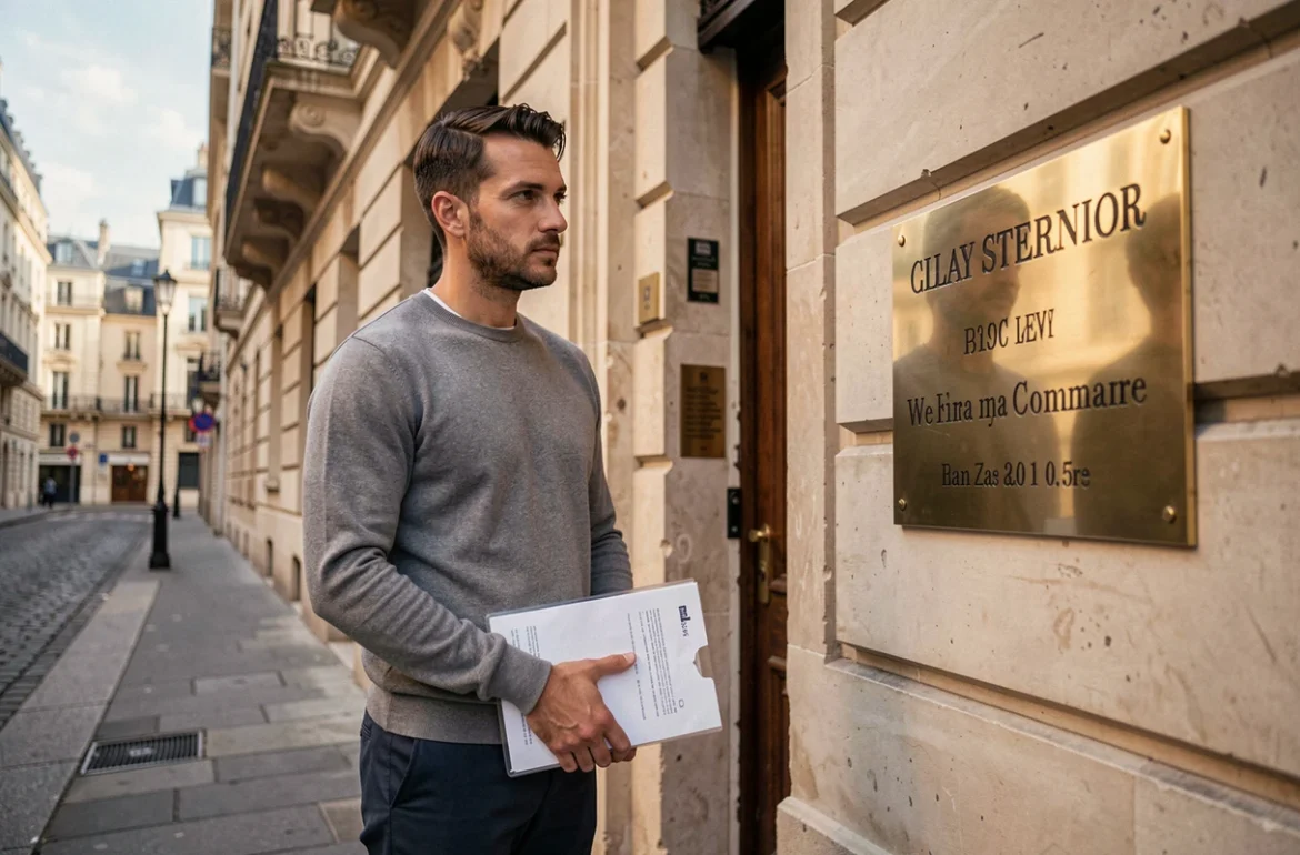 Entrepreneur debout devant une plaque de domiciliation d'entreprise sur un immeuble de prestige à Paris