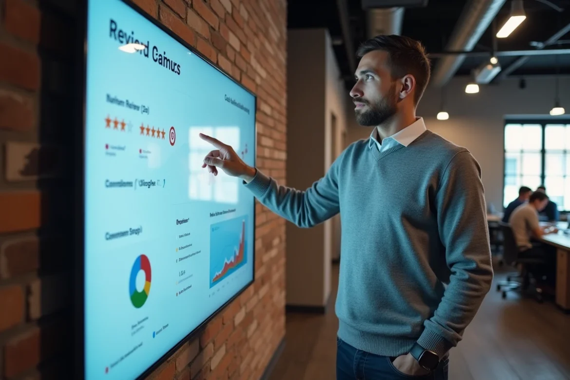 Entrepreneur masculin présentant un tableau de bord d'avis clients en ligne sur un écran tactile dans un espace de coworking moderne