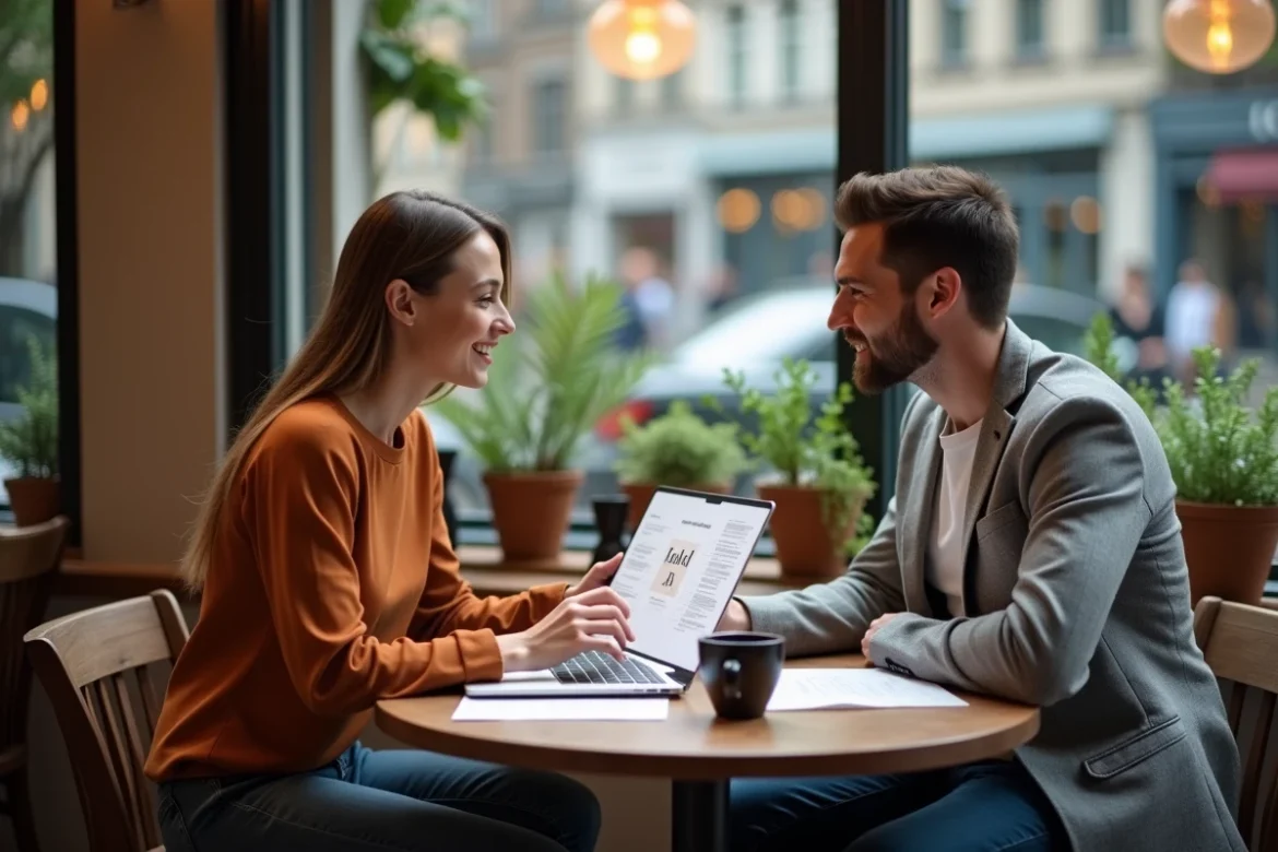 Deux entrepreneurs en réunion informelle dans un café, consultant un pitch deck imprimé et un ordinateur portable pour préparer leur première vente