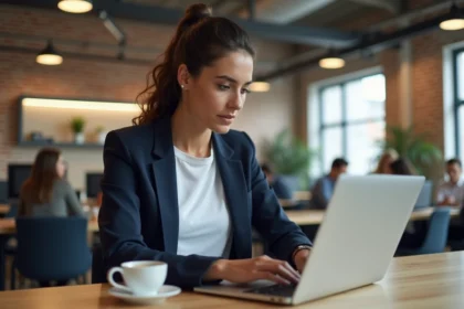 Jeune entrepreneuse travaillant dans un espace de coworking moderne à Station F Paris