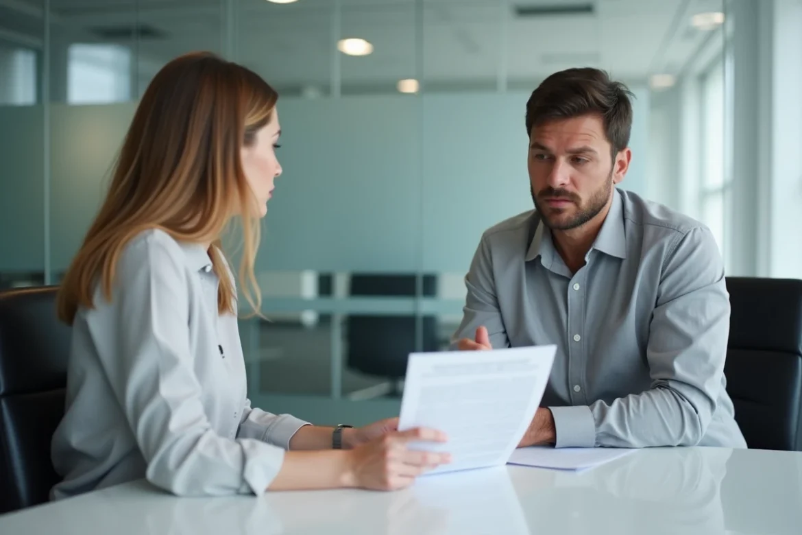 Employé et responsable RH discutant d'un courrier de rupture conventionnelle en salle de réunion