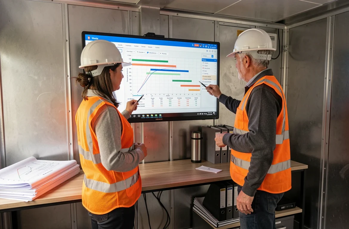 Équipe BTP consultant un tableau de bord numérique de suivi de chantier dans un bureau de chantier mobile
