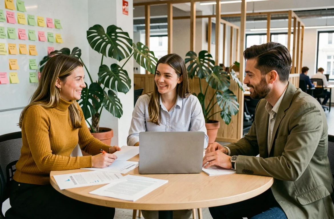 Équipe de consultants en portage salarial collaborant sur une mission professionnelle à Paris