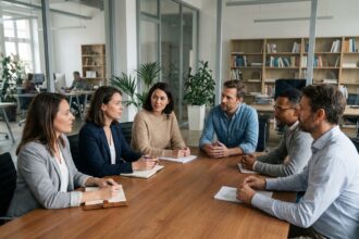 Groupe diversifié de six adultes en réunion de travail