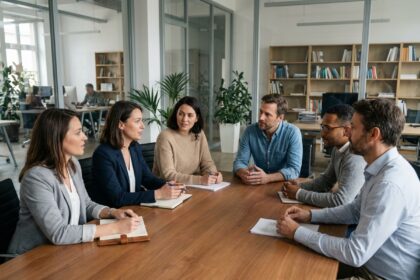 Groupe diversifié de six adultes en réunion de travail