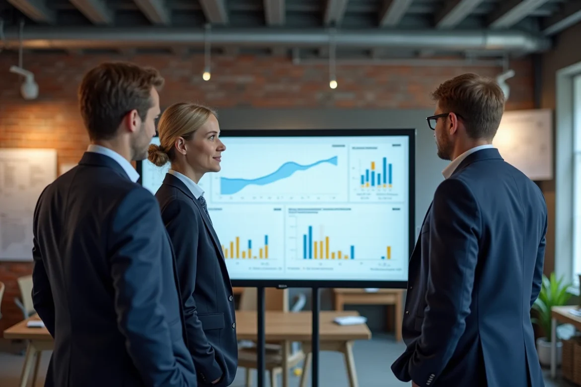 Équipe d'ingénieurs analysant l'évolution de l'index ING de l'INSEE sur un tableau de bord statistique en bureau d'études