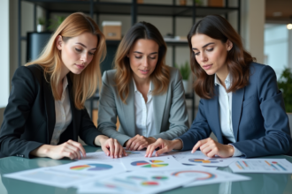 Equipe diverse analysant des tableaux KPI en réunion