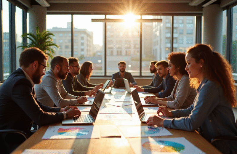 Groupe de professionnels analysant des graphiques marketing