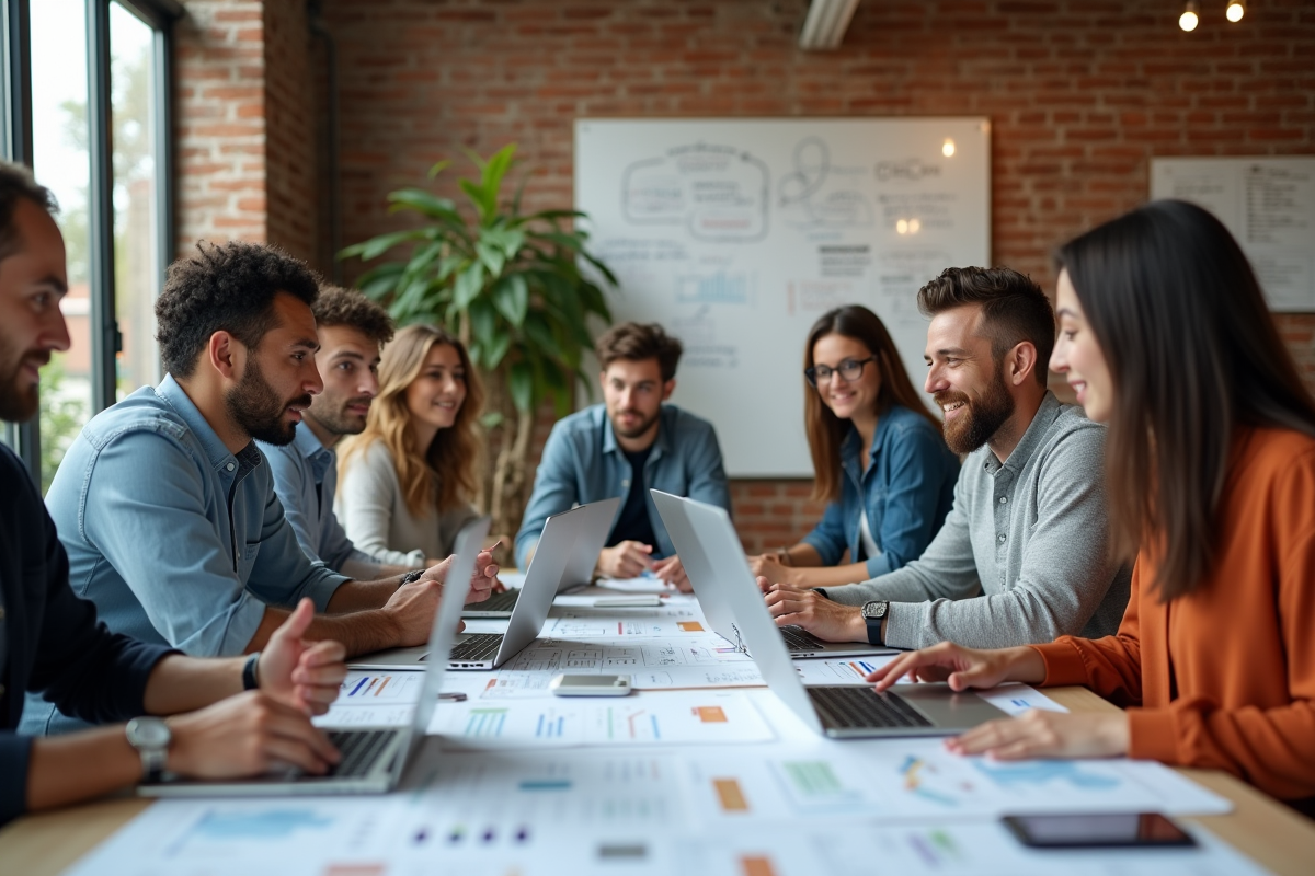 Groupe de marketing collaborant autour de plans et ordinateurs