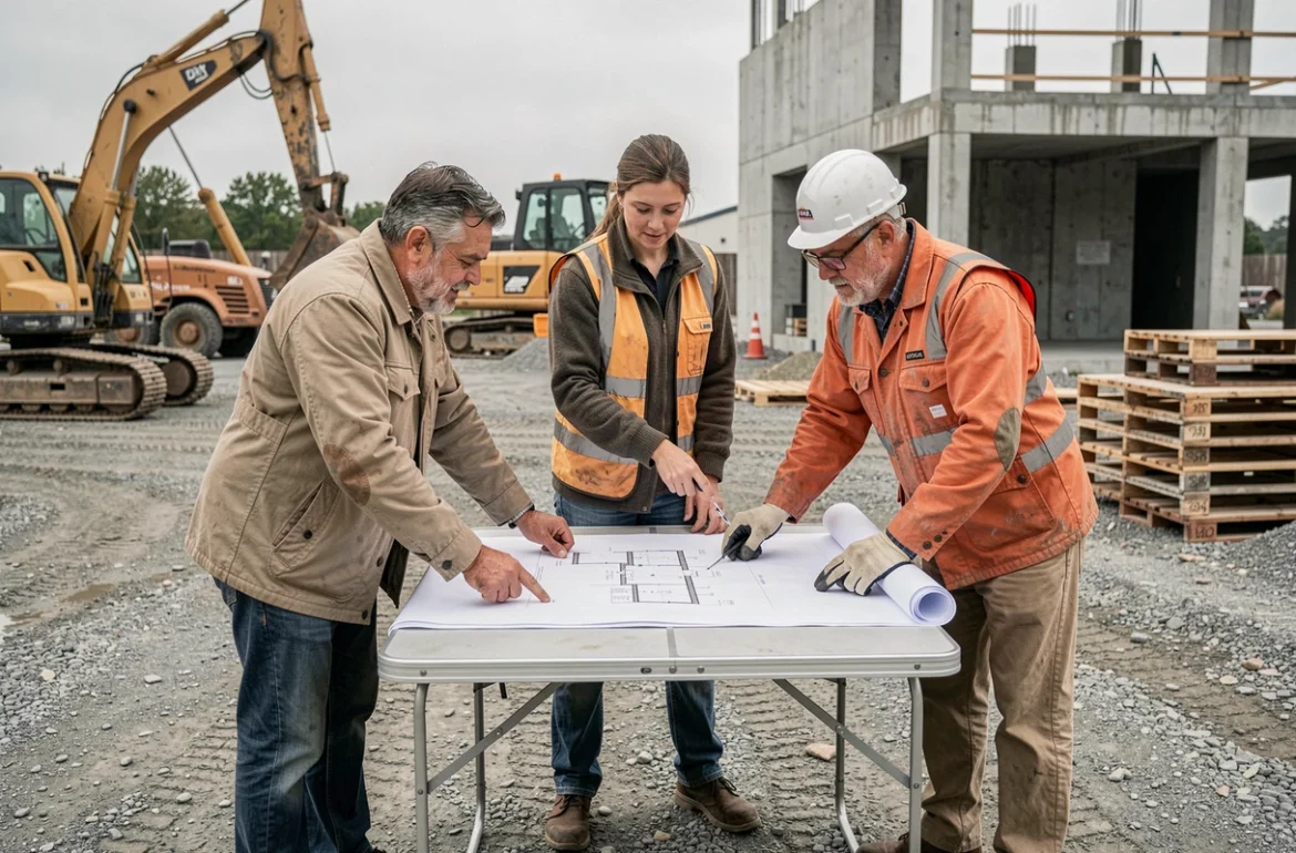 Équipe de travailleurs de construction Munilla examinant des plans architecturaux sur un chantier extérieur lors d'une réunion collaborative