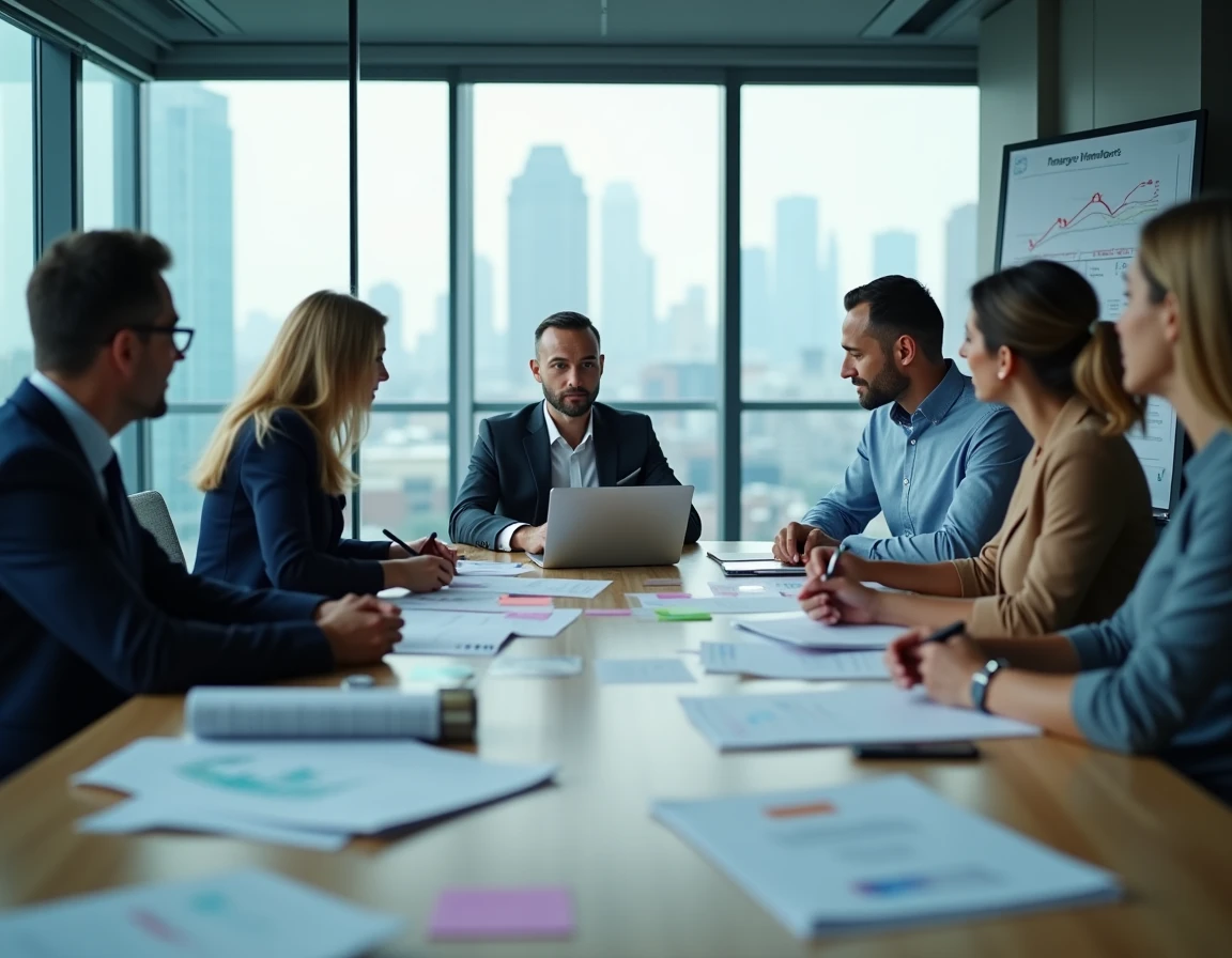 Équipe de direction en réunion de planification pour l'implémentation d'un ERP en 2026 dans une salle de conférence