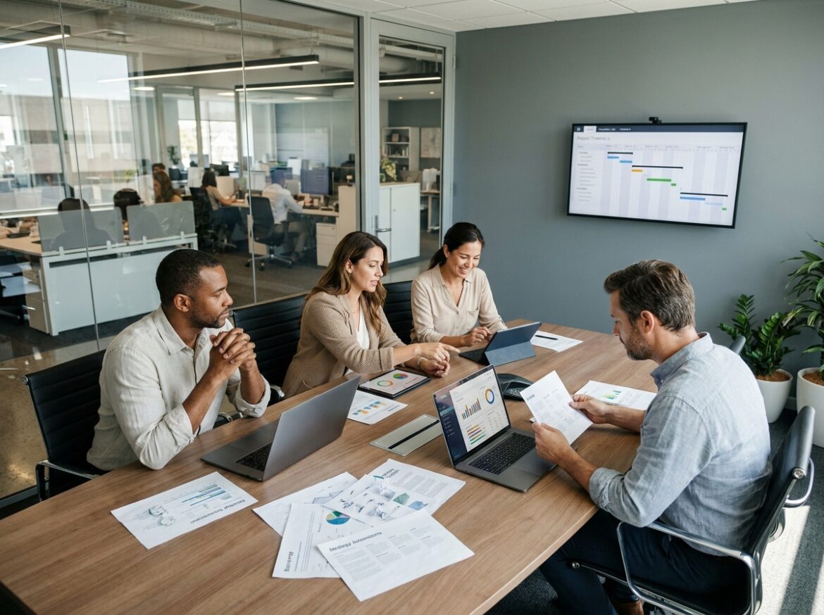 Équipe pluridisciplinaire en réunion stratégique autour d'un projet de transformation numérique en salle de conférence