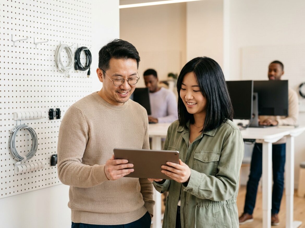 Deux spécialistes du support IT collaborant sur une tablette dans un espace de coworking technologique, représentant la simplification de la complexité informatique grâce à l'intelligence artificielle