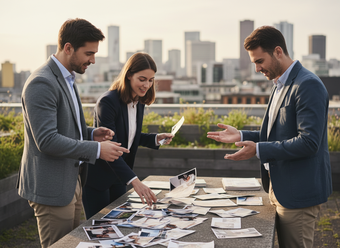 Groupe de jeunes professionnels discutant en extérieur