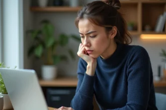 Femme frustrée face à un message d'erreur lors de l'activation de son compte en ligne sur un ordinateur portable