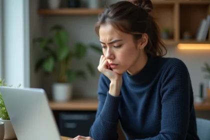 Femme frustrée face à un message d'erreur lors de l'activation de son compte en ligne sur un ordinateur portable