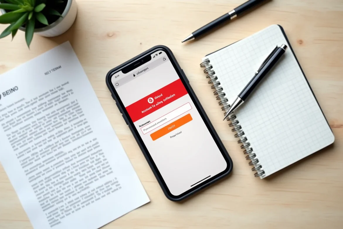 Vue de dessus d'un smartphone affichant une erreur d'activation de compte en ligne posé sur un bureau avec documents