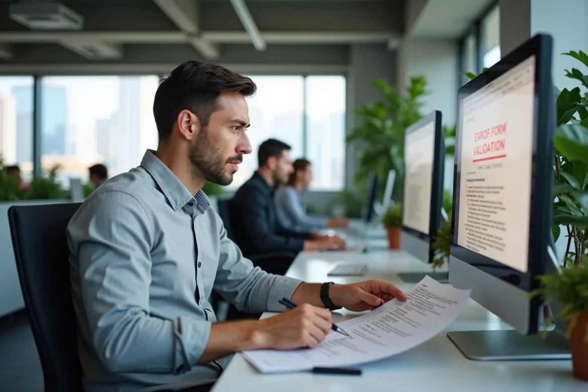Homme en bureau professionnel consultant un message d'erreur de validation de formulaire sur un compte en ligne