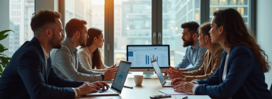Espace de travail moderne avec équipe diverse en réunion