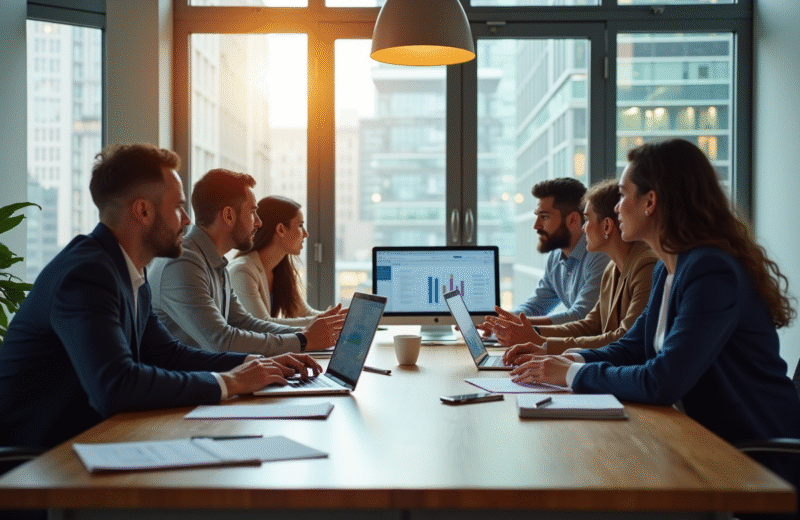 Espace de travail moderne avec équipe diverse en réunion