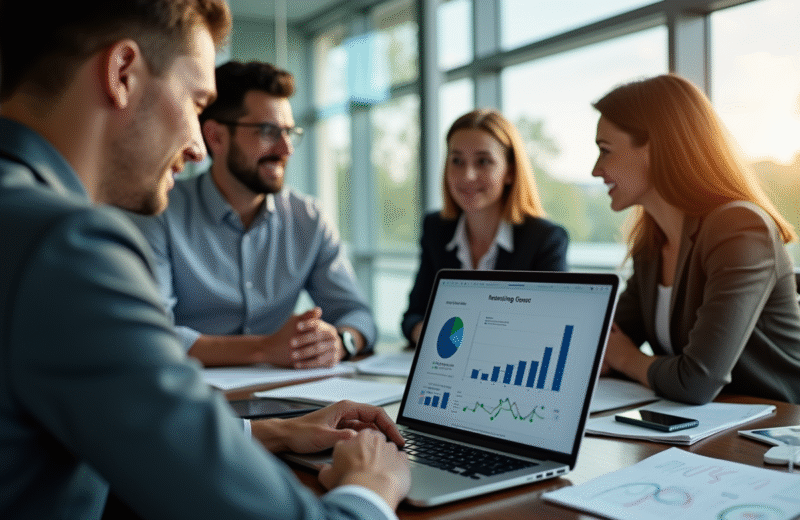 Espace de travail moderne avec analytics marketing et équipe