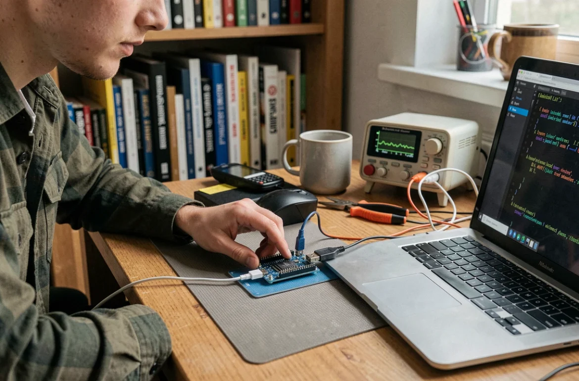 Étudiant programmant un microcontrôleur relié à un ordinateur portable dans un bureau maison dédié à l'électronique