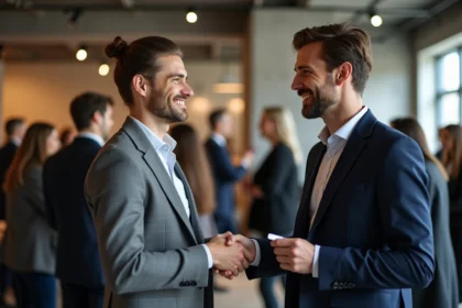 Deux professionnels B2B échangeant des cartes de visite lors d'un événement de networking d'affaires dans un espace moderne