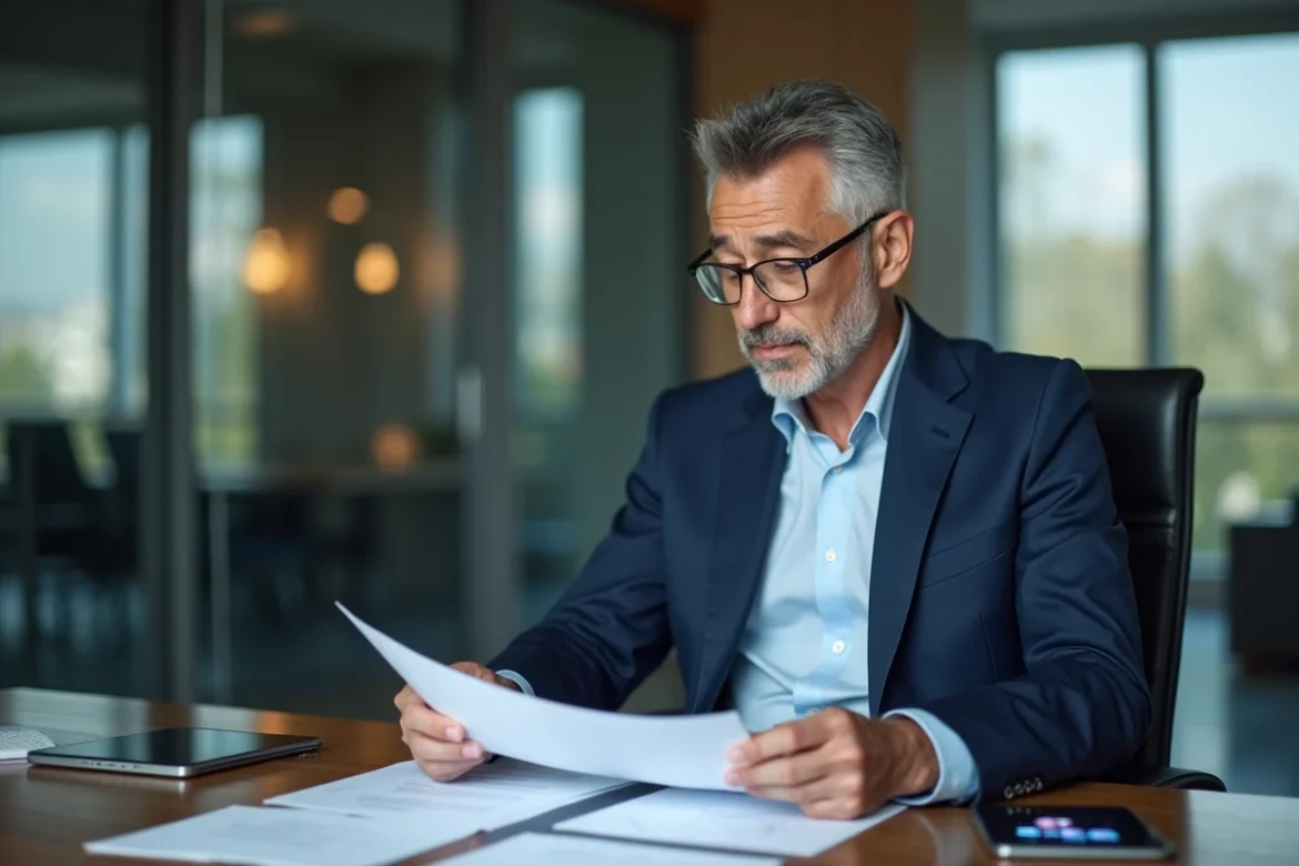 Homme d'affaires en costume bleu dans un bureau moderne