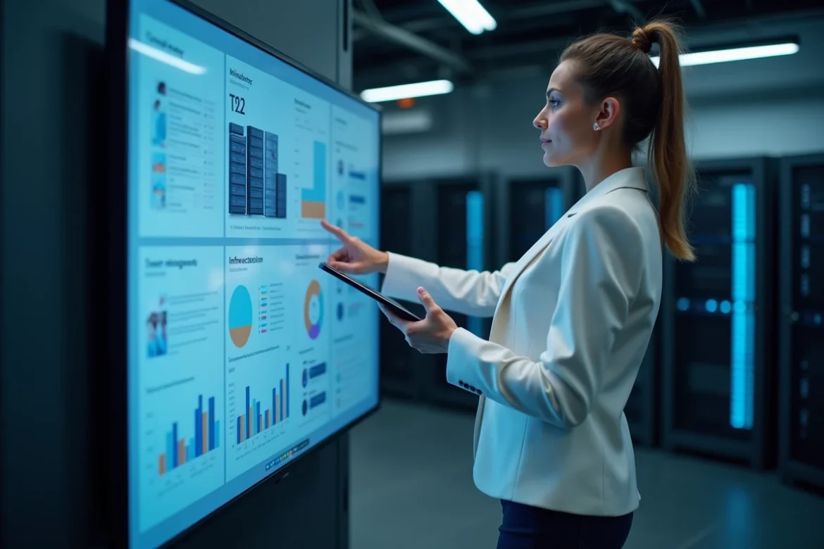 Experte en infrastructure cloud présentant un tableau de bord de migration serveur dans une salle informatique PME
